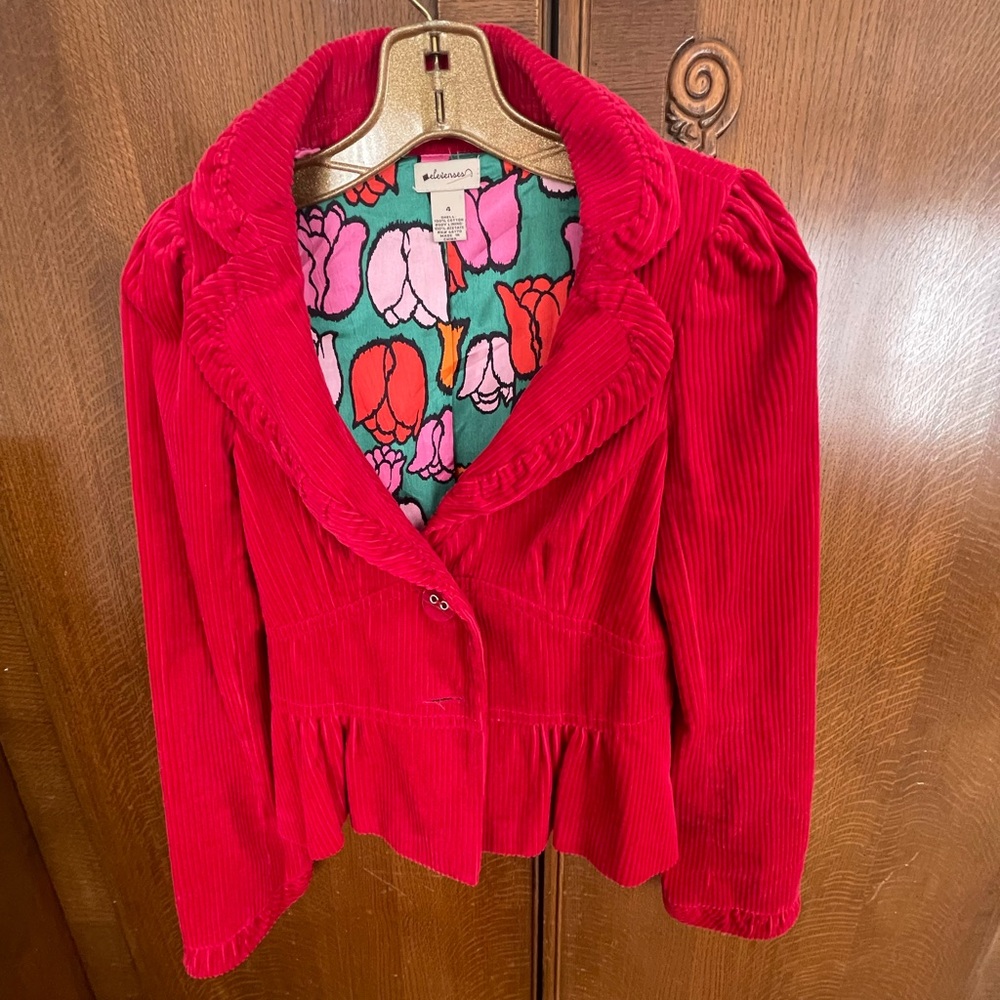 Elevenses Red Corduroy Blazer with Floral Lining, Size 4